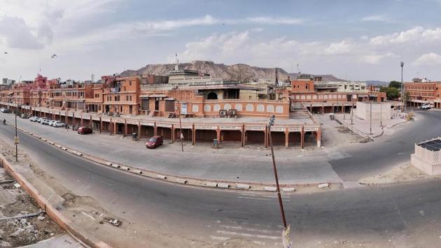 A panoramic view of a deserted Choti Chaupar, in Jaipur, Rajasthan, India, on Sunday, March 22, 2020. Rajasthan government has also ordered a complete lockdown in the state till March 31. (Himanshu Vyas / HT Photo)