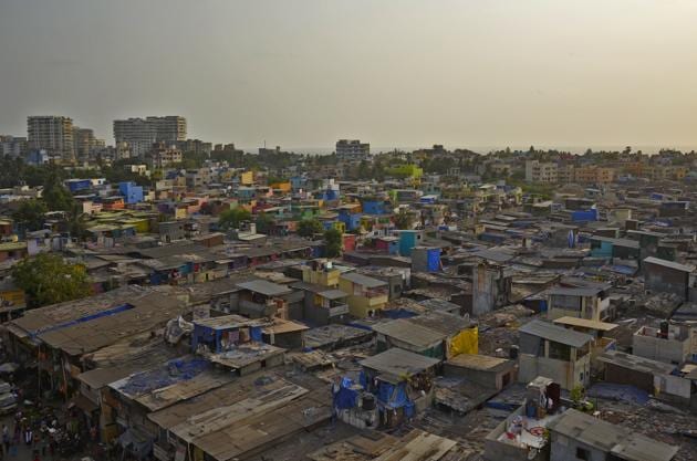 Mumbai, India - May 23, 2018: An aerial view slum of newly painted by 'Chal Rang De' at Khar Danda in Mumbai, India, on Wednesday, May 23, 2018. (Photo by Ragul Krishnan/ HT PHOTO)(HT PHOTO)