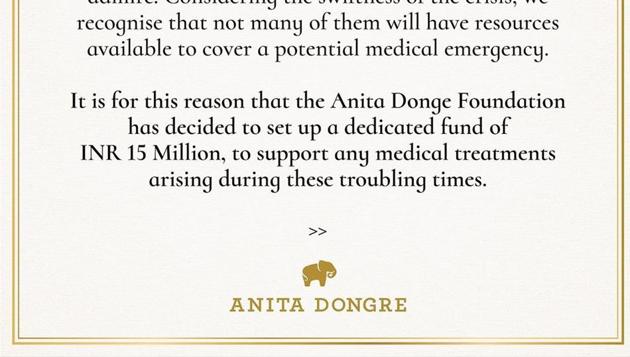 Fashion designer Anita Dongre has announced that she is donating Rs 1.5 crore as a medical fund to support the small vendors and self-employed artisans working with her amid the coronavirus outbreak.(Instagram)