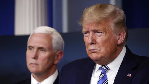 US President Donald Trump and Vice President Mike Pence during a briefing about the coronavirus in the James Brady Briefing Room, on Monday. (AP Photo) US President Donald Trump and Vice President Mike Pence during a briefing about the coronavirus in the James Brady Briefing Room, on Monday. (AP Photo)