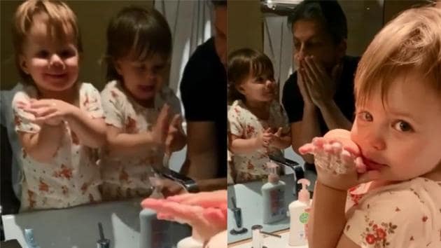 Lisa Ray’s daughters Soleil and Sufi learn to wash their hands.