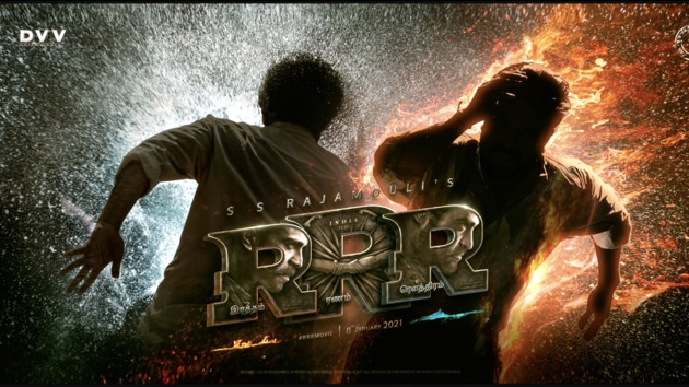 RRR poster: SS Rajamouli’s leads Jr NTR and Ram Charan harness the power of water and fire.