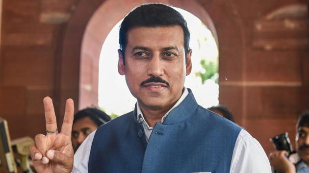 Rajyavardhan Singh Rathore flashes the victory sign. (PTI) Rajyavardhan Singh Rathore flashes the victory sign. (PTI)