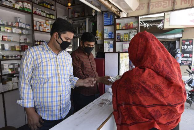 A medical store operational in Uttar Pradesh’s Lucknow on the first day of the 3-week national lockdown to check the spread of coronavirus. (Dheeraj Dhawan/HT Photo) A medical store operational in Uttar Pradesh’s Lucknow on the first day of the 3-week national lockdown to check the spread of coronavirus. (Dheeraj Dhawan/HT Photo)
