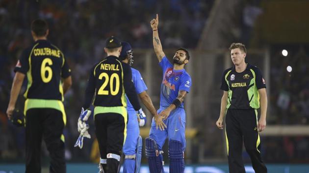 Virat Kohli of India celebrates victory during the ICC WT20 India Group 2 match between India and Australia at I.S. Bindra Stadium on March 27, 2016 in Mohali, India. (Photo by Ryan Pierse/Getty Images) (Getty Images) Virat Kohli of India celebrates victory during the ICC WT20 India Group 2 match between India and Australia at I.S. Bindra Stadium on March 27, 2016 in Mohali, India. (Photo by Ryan Pierse/Getty Images) (Getty Images)