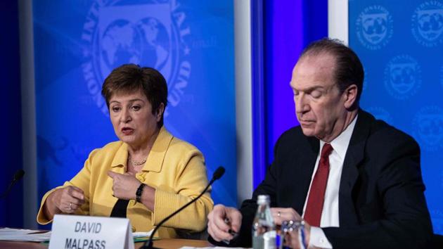 IMF Managing Director Kristalina Georgieva (L) speaks at a press briefing with World Bank Group President David Malpass on COVID-19 in Washington. (AFP) IMF Managing Director Kristalina Georgieva (L) speaks at a press briefing with World Bank Group President David Malpass on COVID-19 in Washington. (AFP)