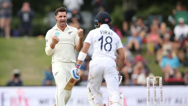 New Zealand's Colin de Grandhomme celebrates the wicket of India's Virat Kohli. (REUTERS) New Zealand's Colin de Grandhomme celebrates the wicket of India's Virat Kohli. (REUTERS)