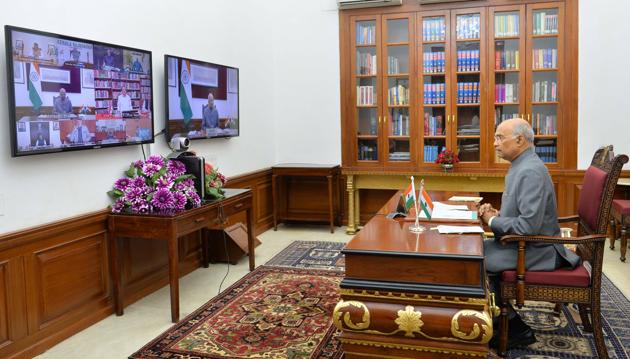 President Ram Nath Kovind along with Vice President Venkaiah Naidu, interacts with the Governors, Lt Governors and Administrators of all the States and Union Territories via video conferencing, on issues related to COVID-19, at Rashtrapati Bhavan in New Delhi, Friday, March 27, 2020.(PTI)