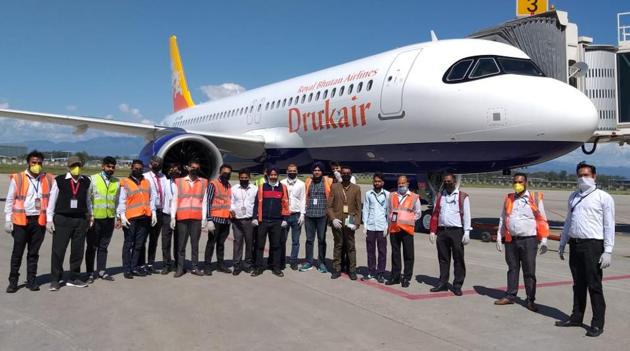 The Bhutanese national carrier Druk Airways flight landed here at 12.07pm and flew back at 2.30pm.(HT PHOTO)