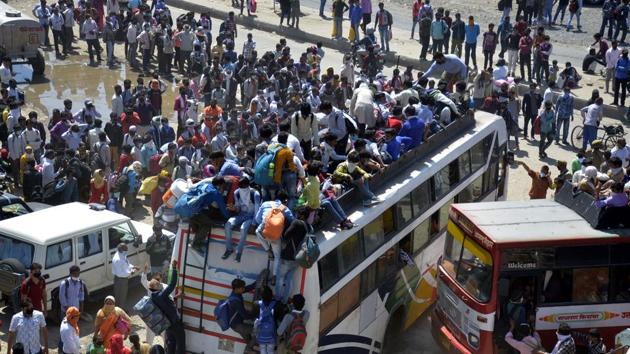This exodus, in turns, is dangerous — it puts enormous physical strain on workers, has caused suffering and deaths, and it undermines every principle of social distancing (Sakib Ali /Hindustan Times) This exodus, in turns, is dangerous — it puts enormous physical strain on workers, has caused suffering and deaths, and it undermines every principle of social distancing (Sakib Ali /Hindustan Times)