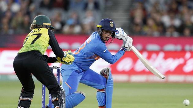 India's Richa Ghosh, right, plays a shot past Australia's Alyssa Healy during the Women's T20 World Cup cricket final match in Melbourne, Sunday, March 8, 2020. (AP) India's Richa Ghosh, right, plays a shot past Australia's Alyssa Healy during the Women's T20 World Cup cricket final match in Melbourne, Sunday, March 8, 2020. (AP)