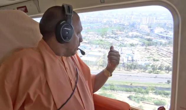 Uttar Pradesh Chief Minister Yogi Adityanath conducts aerial survey during coronavirus lockdown, in Ghaziabad and Noida on Monday. (ANI Photo) Uttar Pradesh Chief Minister Yogi Adityanath conducts aerial survey during coronavirus lockdown, in Ghaziabad and Noida on Monday. (ANI Photo)