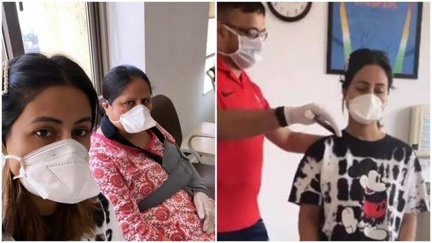 Hina Khan with her mother at the hospital. Hina Khan with her mother at the hospital.