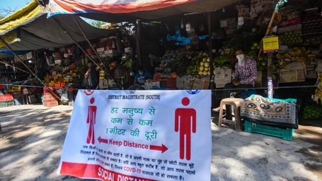 A COVID-19 awareness banner is seen at a vegetable market on Day 5 of the 21 day nationwide lockdown imposed by PM Modi to curb the spread of coronavirus,at Saket, in New Delhi on March 29, 2020. (Amal KS/HT file photo) A COVID-19 awareness banner is seen at a vegetable market on Day 5 of the 21 day nationwide lockdown imposed by PM Modi to curb the spread of coronavirus,at Saket, in New Delhi on March 29, 2020. (Amal KS/HT file photo)