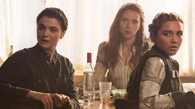 Melina (Rachel Weisz), Black Widow/Natasha Romanoff (Scarlett Johansson) and Yelena (Florence Pugh).(Jay Maidment/©Marvel Studios 20)