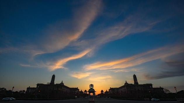 Rashtrapati Bhavan is seen hosting a glorious sunset as air quality improved in Delhi on day six of the 21-day national lockdown imposed by PM Modi to curb the spread of the coronavirus outbreak. (Amal KS / HT PHOTO)