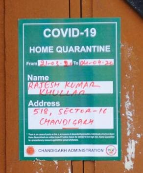 The Chandigarh administration pasted a new health advisory outside the official residence of Rajesh Kumar Khullar, the principal secretary to the Haryana chief minister, in Sector 16, Chandigarh, on Tuesday. The first notice had gone missing and the second one was put up after TV channels pointed it out. (Anil Dayal/HT) The Chandigarh administration pasted a new health advisory outside the official residence of Rajesh Kumar Khullar, the principal secretary to the Haryana chief minister, in Sector 16, Chandigarh, on Tuesday. The first notice had gone missing and the second one was put up after TV channels pointed it out. (Anil Dayal/HT)