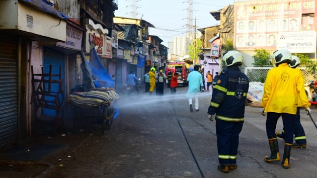 Firemen sanitise Mumbai’s Antop Hill to check the spread of coronavirus. (Vijayanand Gupta/HT PHOTO) Firemen sanitise Mumbai’s Antop Hill to check the spread of coronavirus. (Vijayanand Gupta/HT PHOTO)