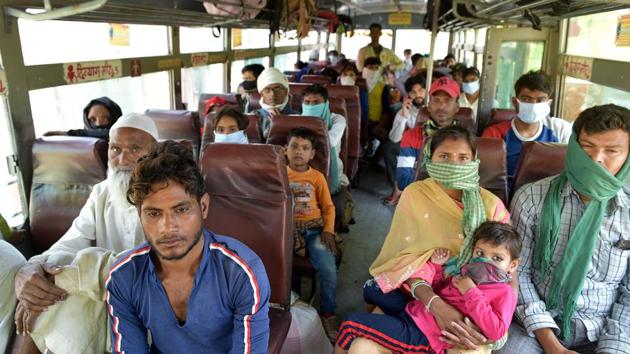 Inside view of a bus provided for migrant workers by the UP Government to travel to their hometowns, at Avadh Shilp Gram, Shaheed Path, Lucknow. (Dheeraj Dhawan / HT Photo) Inside view of a bus provided for migrant workers by the UP Government to travel to their hometowns, at Avadh Shilp Gram, Shaheed Path, Lucknow. (Dheeraj Dhawan / HT Photo)