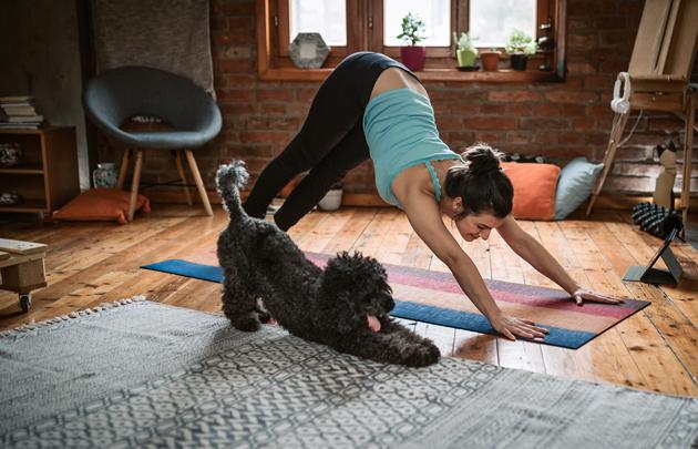 Young woman practicing downward facing dog pose playing with her pet in the living room (Getty Images) Young woman practicing downward facing dog pose playing with her pet in the living room (Getty Images)