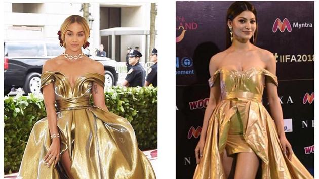 Golden Barbie in H&M and Urvashi Rautela in Belluccio. One of the many times Urvashi was called out by Diet Sabya.(INSTAGRAM)
