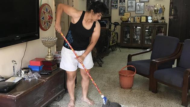 Apart from the game, Bharucha is catching up on the ‘traditional’ quarantine routine of doing the household chores. A resident of Camp, Bharucha explains her current daily routine. (HT PHOTO) Apart from the game, Bharucha is catching up on the ‘traditional’ quarantine routine of doing the household chores. A resident of Camp, Bharucha explains her current daily routine. (HT PHOTO)