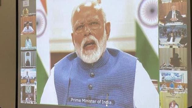Prime Minister Narendra Modi on Thursday interacted with chief ministers through a video conference from his residence.(ANI PHOTO.)