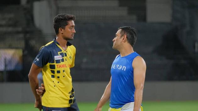 R Sai Kishore with MS Dhoni. (Twitter) R Sai Kishore with MS Dhoni. (Twitter)