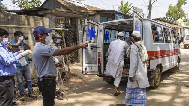 An ambulance carries devotees, who had recently attended the religious congregation at Tabligh Jamaat's Markaz in Delhi's Nizamuddin area, for Covid-19 tests, in Agartala on April 1.(PTI Photo)