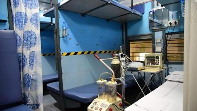 An Indian Railways train coach is converted into an isolation ward for treating COVID-19 patients. (HT Photo) An Indian Railways train coach is converted into an isolation ward for treating COVID-19 patients. (HT Photo)