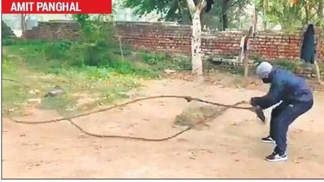Amit Panghal trains at home (HT Photo) Amit Panghal trains at home (HT Photo)