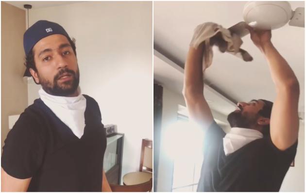 Vicky Kaushal cleans his ceiling fan in a new video. Vicky Kaushal cleans his ceiling fan in a new video.
