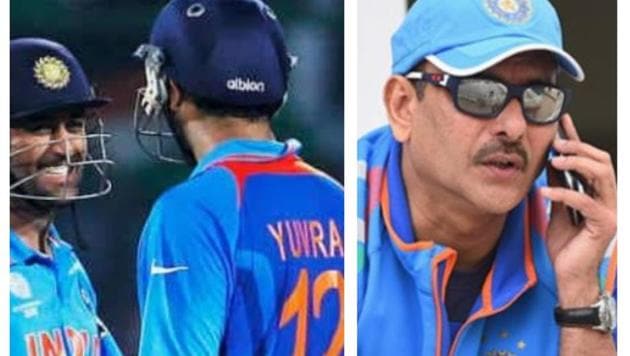 Yuvraj Singh and MS Dhoni (L), Ravi Shastri (R)(HT Collage)