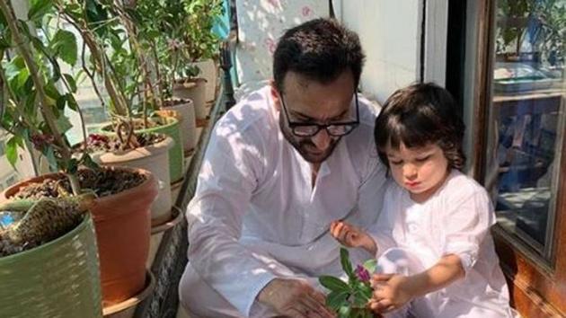 Saif Ali Khan and Taimur do a bit of gardening.