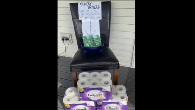 The minute-long clip shows a bowl full of sanitiser bottles and packs of toilet paper rolls kept in the front porch. (Instagram/@evanrosenman) The minute-long clip shows a bowl full of sanitiser bottles and packs of toilet paper rolls kept in the front porch. (Instagram/@evanrosenman)