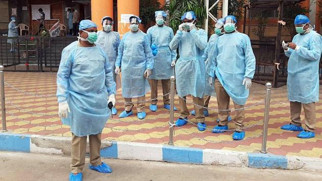 Police personnel wearing protective clothes deployed at Hyderabad’s Gandhi Hospital following the incident on April 1, 2020 when some patients in the coronavirus isolation ward allegedly attacked doctors.(ANI File Photo)