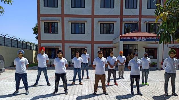 Members of the United Kathua JKP in front of the Kathua police station. (HT PHOTO) Members of the United Kathua JKP in front of the Kathua police station. (HT PHOTO)