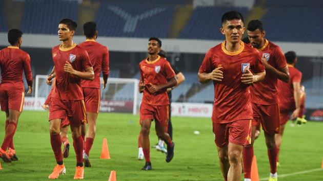 Sunil Chhetri (2R) along with teammates takes part in a training session. (AFP) Sunil Chhetri (2R) along with teammates takes part in a training session. (AFP)