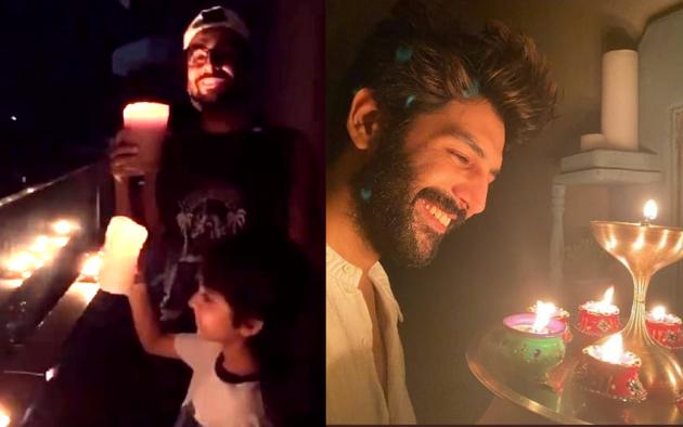 Ayushmann Khurrana and Kartik Aaryan light candles and diyas on Sunday. Ayushmann Khurrana and Kartik Aaryan light candles and diyas on Sunday.