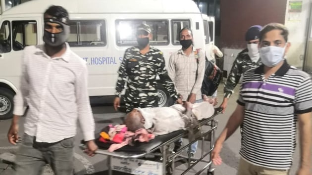 Wazir Hussain being wheeled into the Post Graduate Institute of Medical Sciences in Chandigarh Monday evening after he was evacuated from Rajouri in Jammu and Kashmir on Sunday. (CRPF PHOTO) Wazir Hussain being wheeled into the Post Graduate Institute of Medical Sciences in Chandigarh Monday evening after he was evacuated from Rajouri in Jammu and Kashmir on Sunday. (CRPF PHOTO)