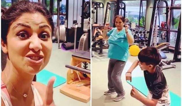 Shilpa Shetty cheered for her mother-in-law as she worked out.
