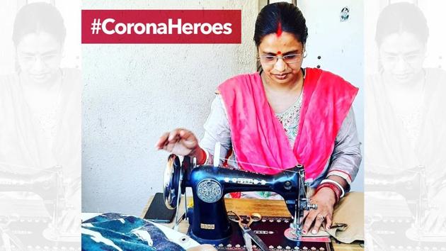 The image shows a woman preparing masks, aprons, and other necessary items. (Twitter/@NITIAayog) The image shows a woman preparing masks, aprons, and other necessary items. (Twitter/@NITIAayog)