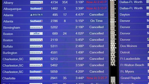 A flight information board displays cancelled flights at Reagan National Airport during the coronavirus disease (COVID-19) outbreak in Washington, U.S., April 5, 2020. (Representational)(REUTERS)