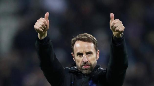 England manager Gareth Southgate celebrates after the match. (Acion Images via Reuters) England manager Gareth Southgate celebrates after the match. (Acion Images via Reuters)