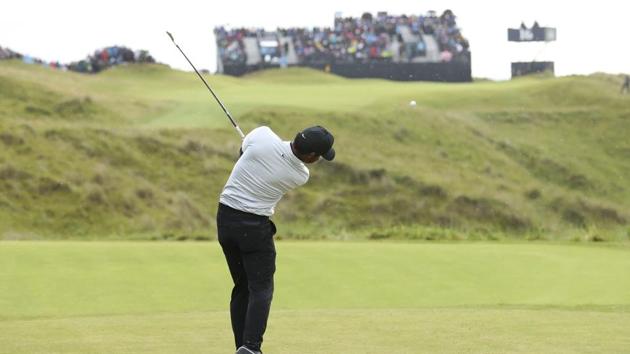 India's Shubhankar Sharma plays his shot from the 16th tee during the first round of the British Open Golf Championships at Royal Portrush in Northern Ireland, Thursday, July 18, 2019. (AP) India's Shubhankar Sharma plays his shot from the 16th tee during the first round of the British Open Golf Championships at Royal Portrush in Northern Ireland, Thursday, July 18, 2019. (AP)
