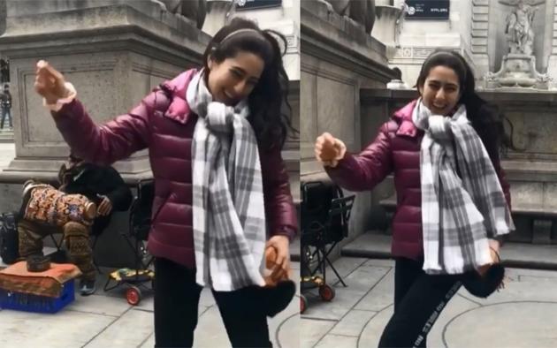 Sara Ali Khan dancing on a New York street. Sara Ali Khan dancing on a New York street.