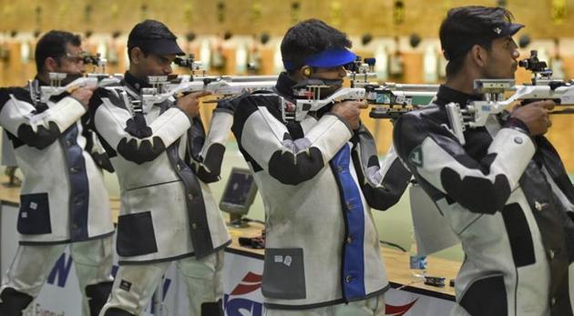 Indian shooters take part in a practice session.(Burhaan Kinu/HT PHOTO) Indian shooters take part in a practice session.(Burhaan Kinu/HT PHOTO)