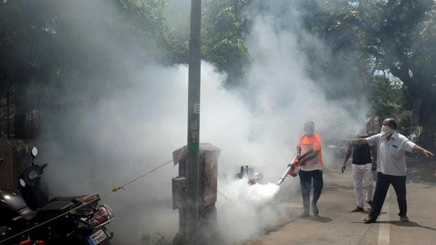 Residents of Khar area in Mumbai organised a fumigation drive during the nationwide lockdown, to contain the coronavirus pandemic, on Monday. (ANI Photo) Residents of Khar area in Mumbai organised a fumigation drive during the nationwide lockdown, to contain the coronavirus pandemic, on Monday. (ANI Photo)