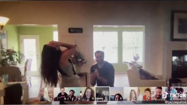 The newly engaged couple is then introduced to their family and friends who have been secretly watching. (jazzepatos//official TikTok) The newly engaged couple is then introduced to their family and friends who have been secretly watching. (jazzepatos//official TikTok)
