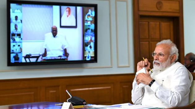 The Prime Minister Narendra Modi interacting with the leaders of political parties in Parliament on COVID-19 via video conference, in New Delhi on April 08, 2020.(Photo Credit: PIB Website)